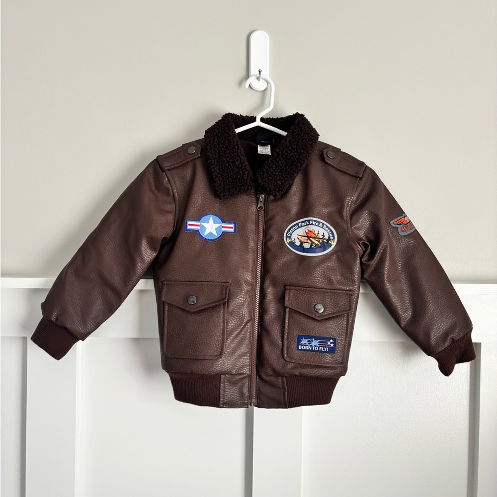 LN EUC 5 Yr Disney Pixar Planes Brown Aviator Jacket with Patches Faux Leather